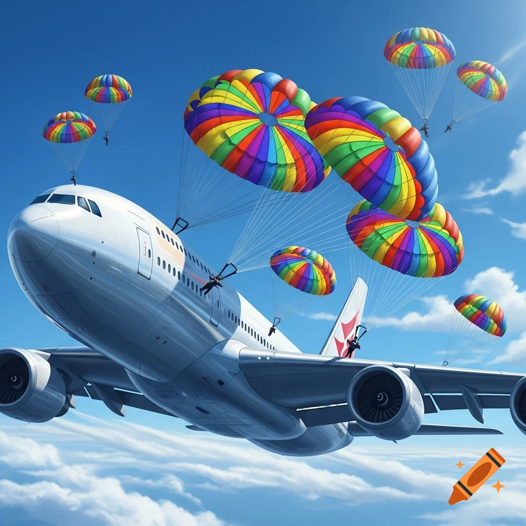 A large white airplane flying with several parachutists deploying colorful rainbow parachutes in a clear blue sky.