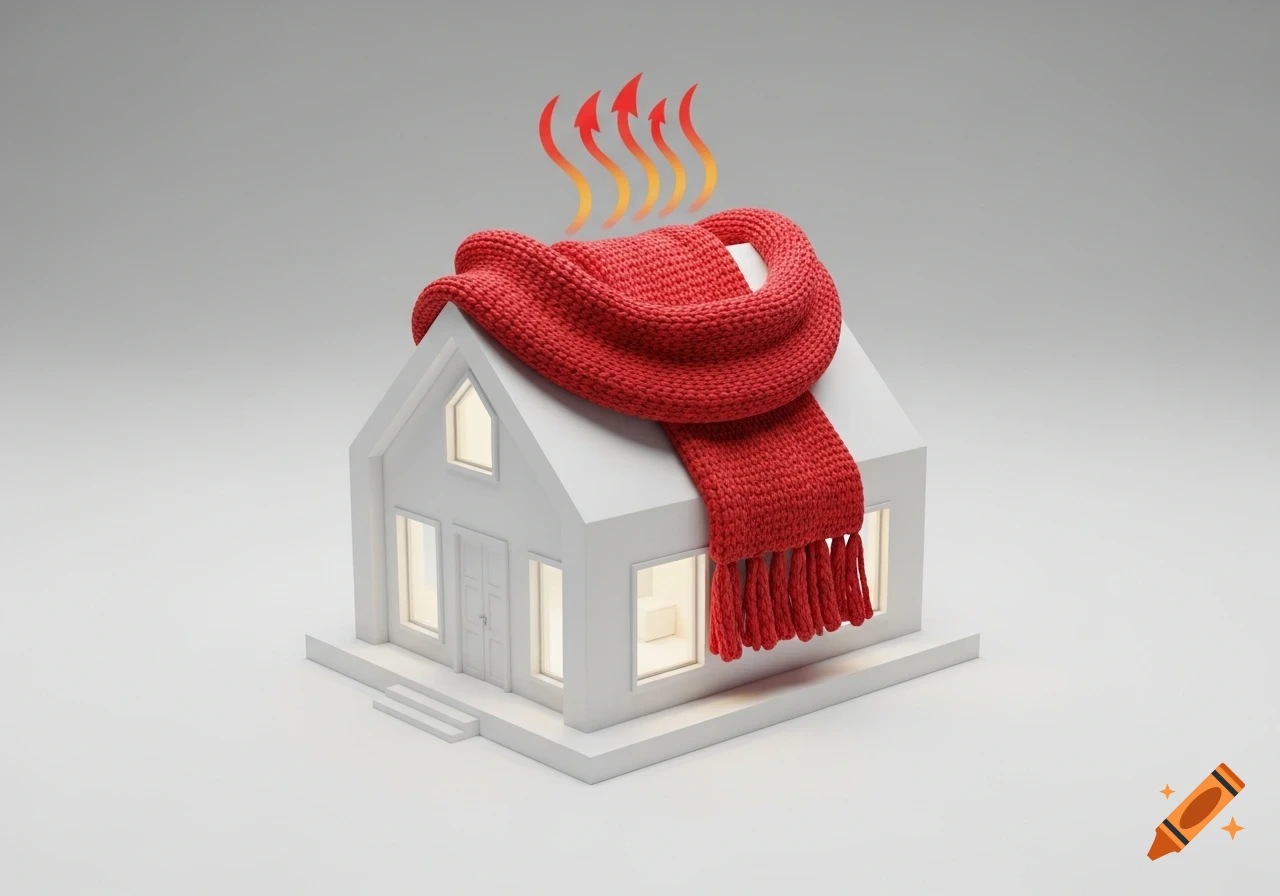 A minimalist 3D white house with a red knitted scarf wrapped around its roof and heat waves rising, symbolizing heat insulation.