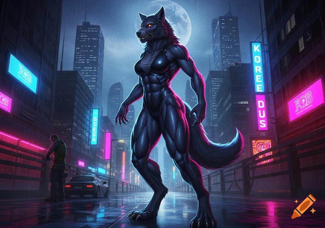 A muscular female werewolf in a catsuit stands under a full moon in a rainy, neon-lit cyberpunk city street.