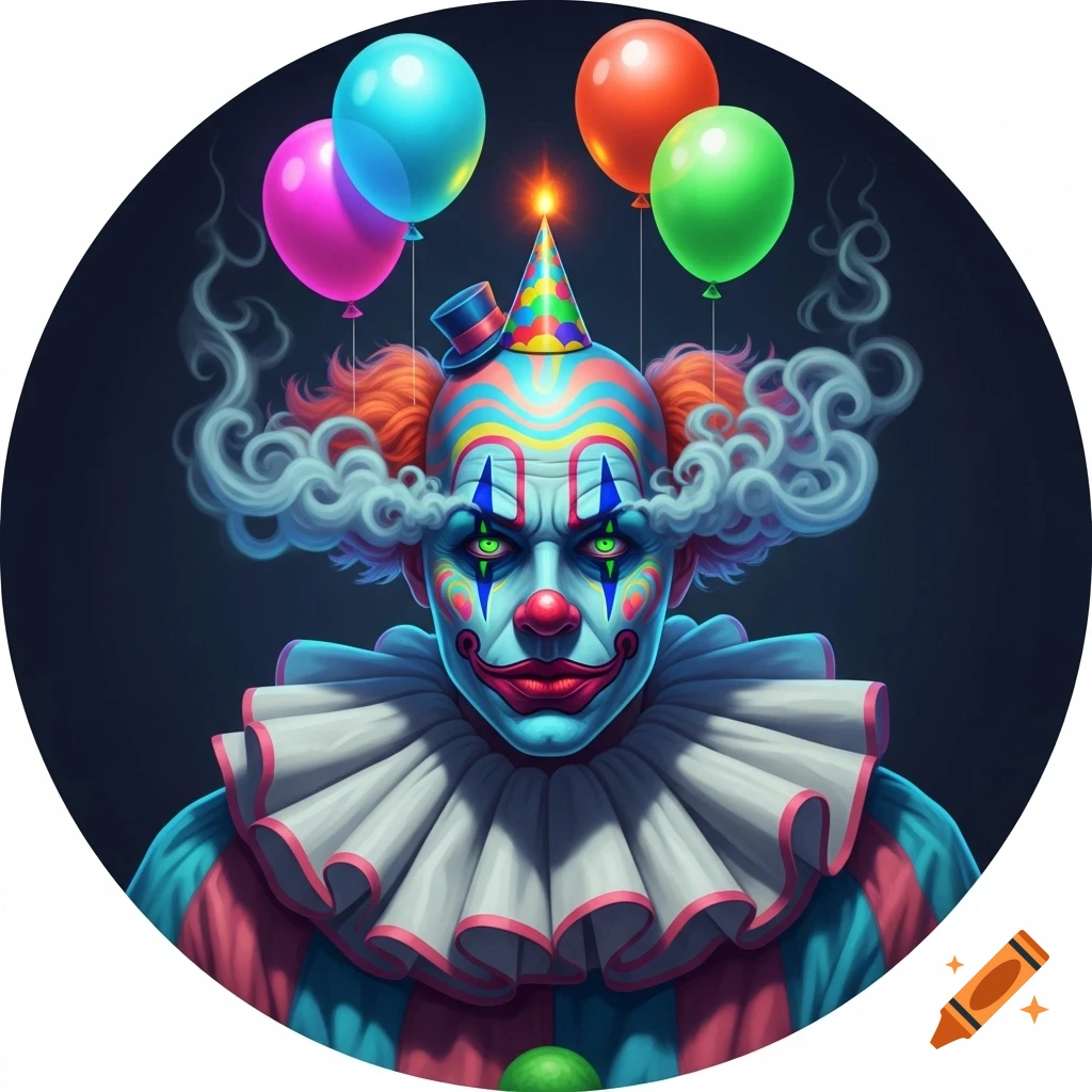 A vibrant, psychedelic clown with a party hat, frilly collar, and green eyes, surrounded by colorful balloons, set in a round frame.