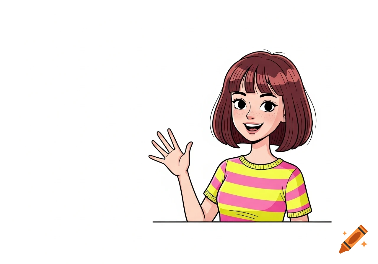 Cartoon illustration of a smiling girl with short red-brown hair and a striped shirt, waving from the right.