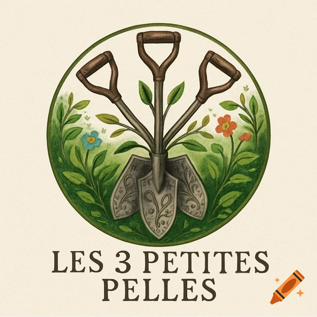 Illustrated logo with three ornate shovels, green leaves, and small flowers inside a green circle, with the text "LES 3 PETITES PELLES" below.
