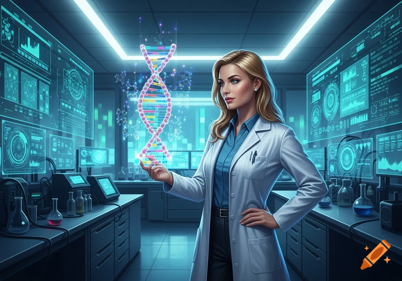 A blonde woman in a white lab coat holds a glowing, holographic DNA helix in a high-tech laboratory with blue screens.