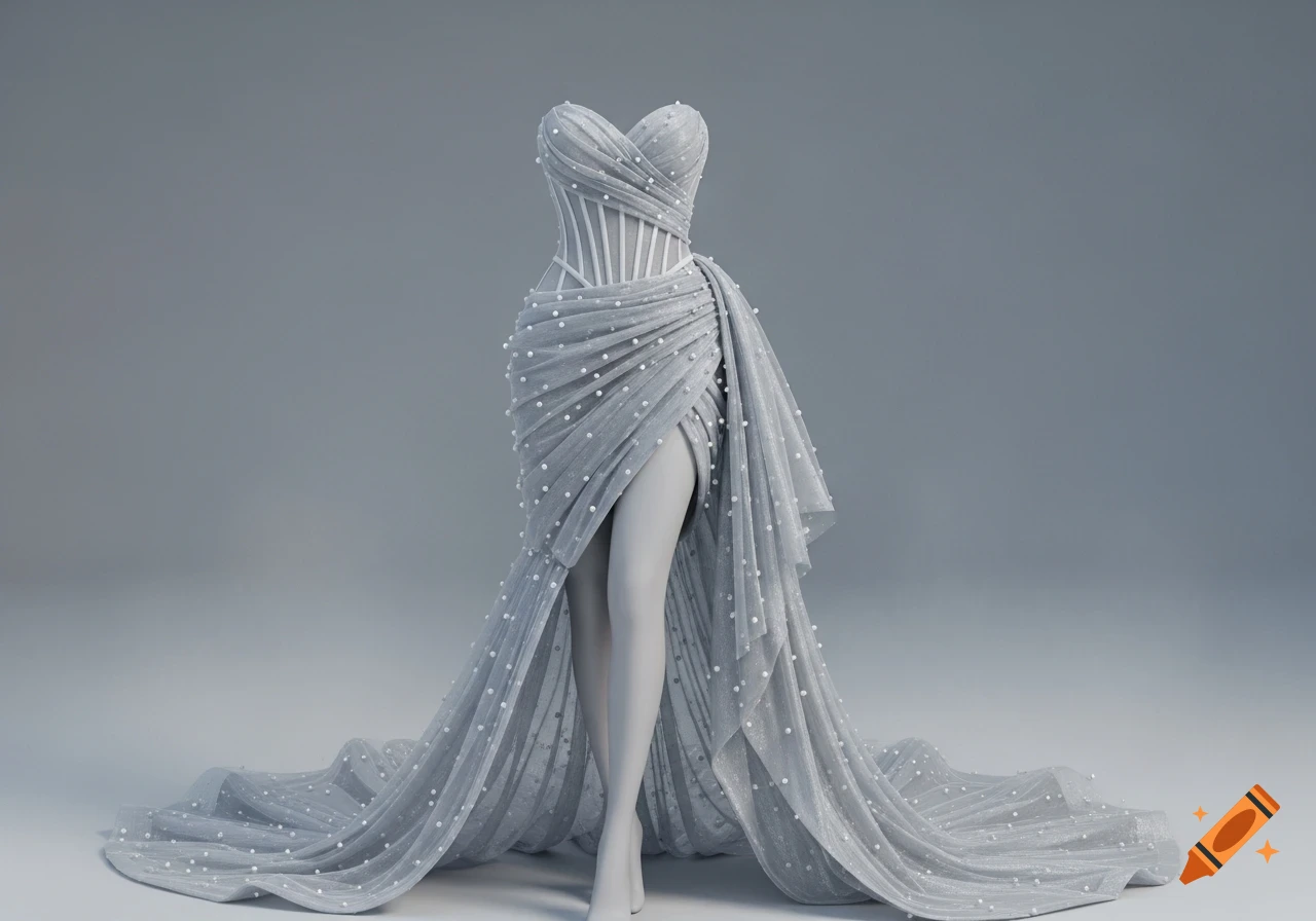 A silver strapless corset dress with tulle and silk twists, adorned with pearls, on a mannequin. It features a mid-thigh front and a long train.