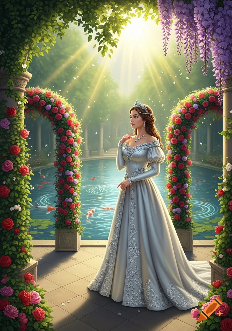 A princess in a shimmering silver gown and tiara stands in a sunlit enchanted garden with rose arches, wisteria, and a koi pond.