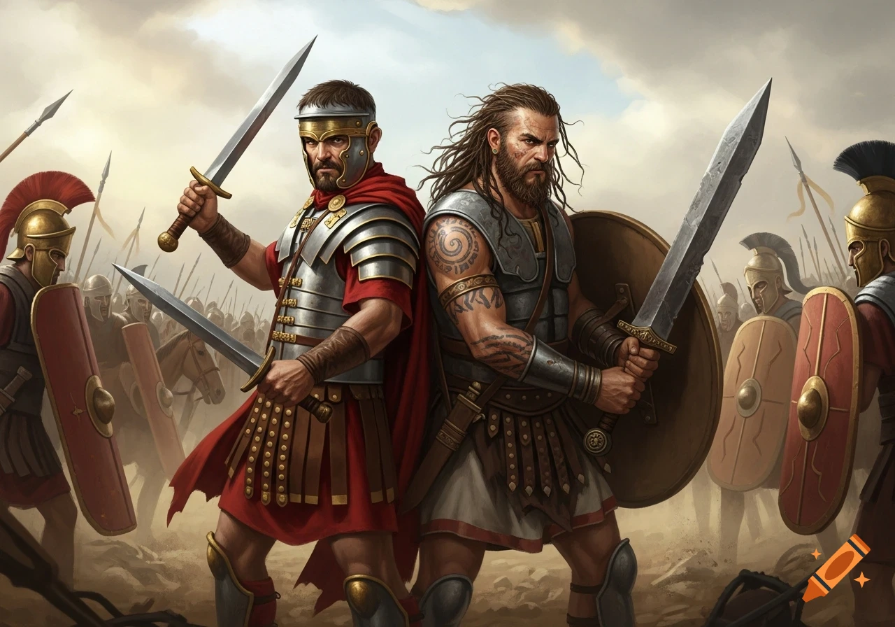 A Roman soldier and a Gaul warrior stand back-to-back, swords raised, on a battlefield with other soldiers.