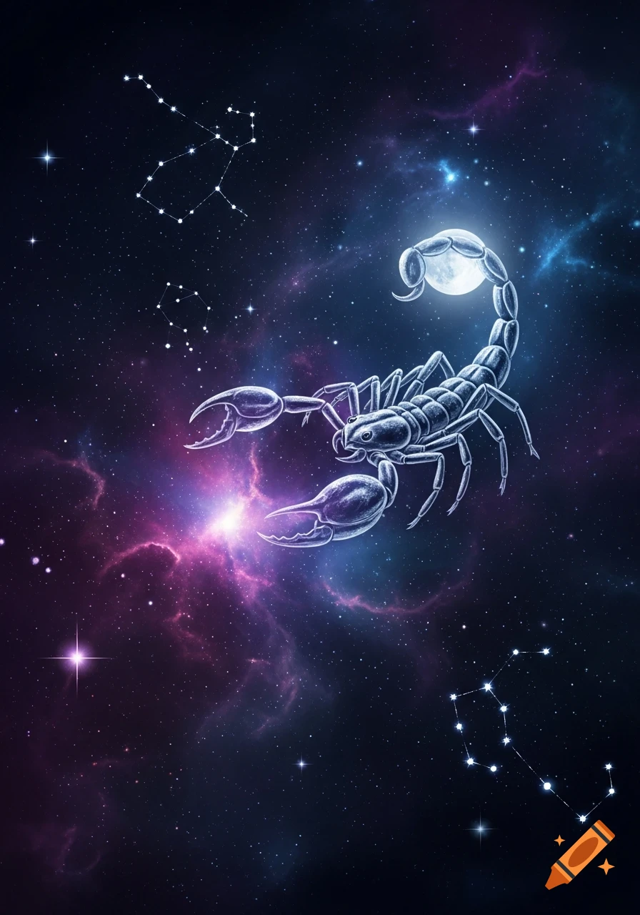 A detailed, mystical scorpion with a moon in its tail, floating amidst colorful nebulae and star constellations in deep space.