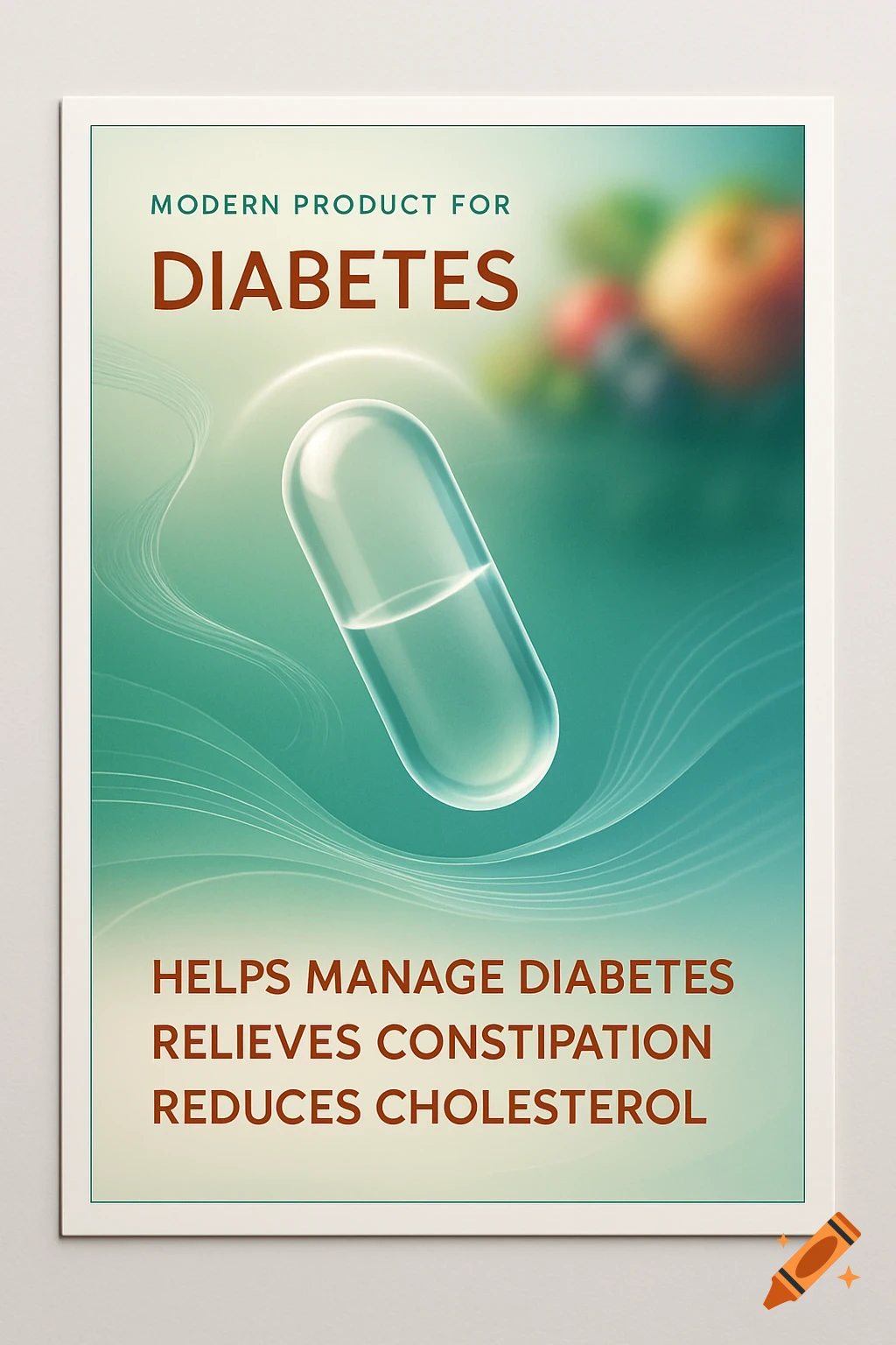 A modern product flyer with a translucent capsule and text for diabetes, constipation, and cholesterol.