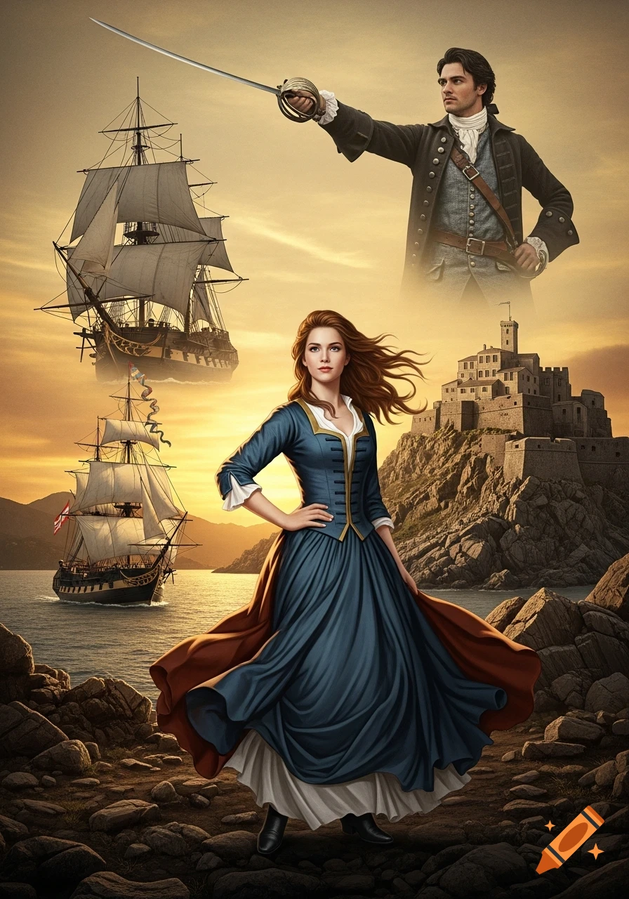 A woman in an 18th-century dress stands on a rocky shore with ships and a castle, while a man with a sword floats above.