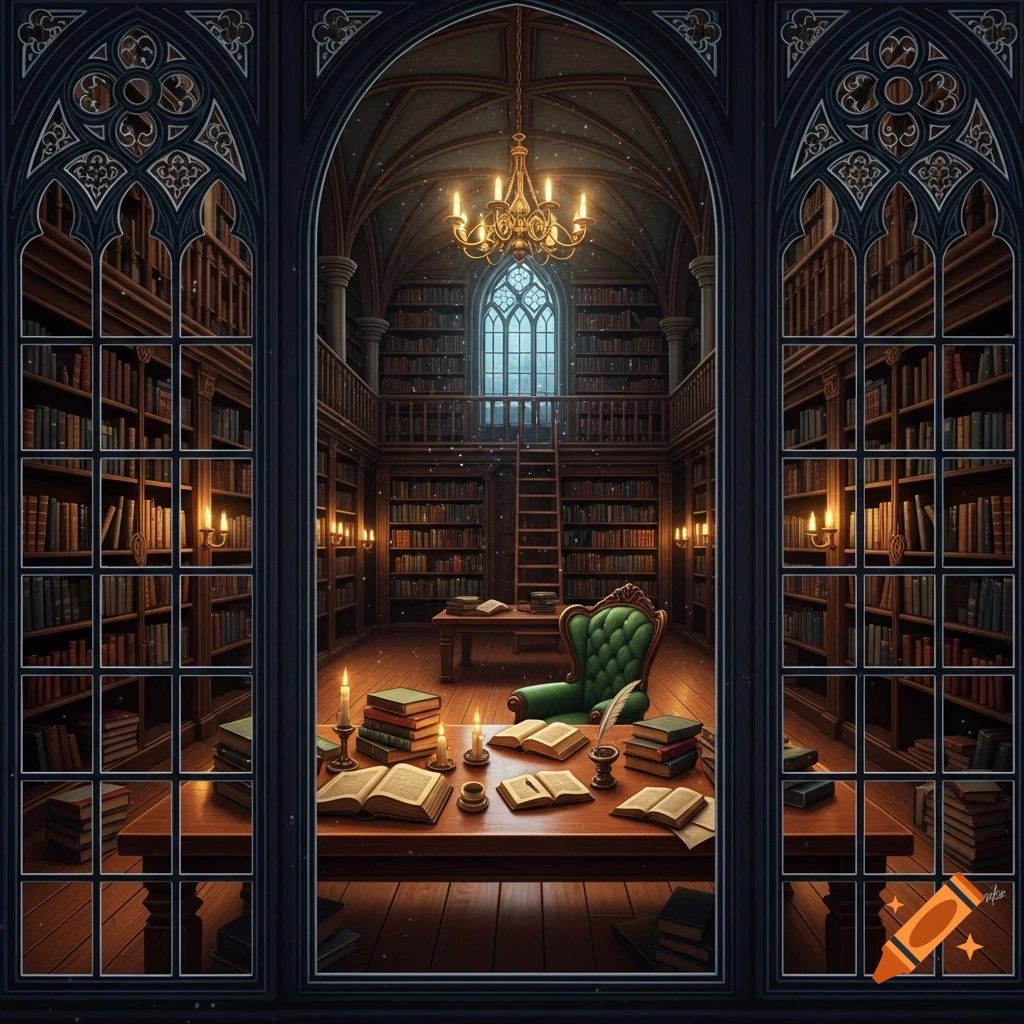 Through a gothic window, a lush, dark academia library features rows of books, a grand chandelier, a green armchair, and a desk with open books and candles.