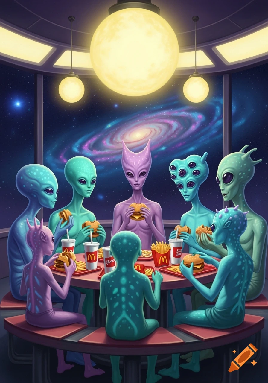 An illustration of a diverse group of aliens with different skin colors and features, sitting around a table in a diner, eating fast food meals with burgers and fries, against a backdrop of a vibrant galaxy.