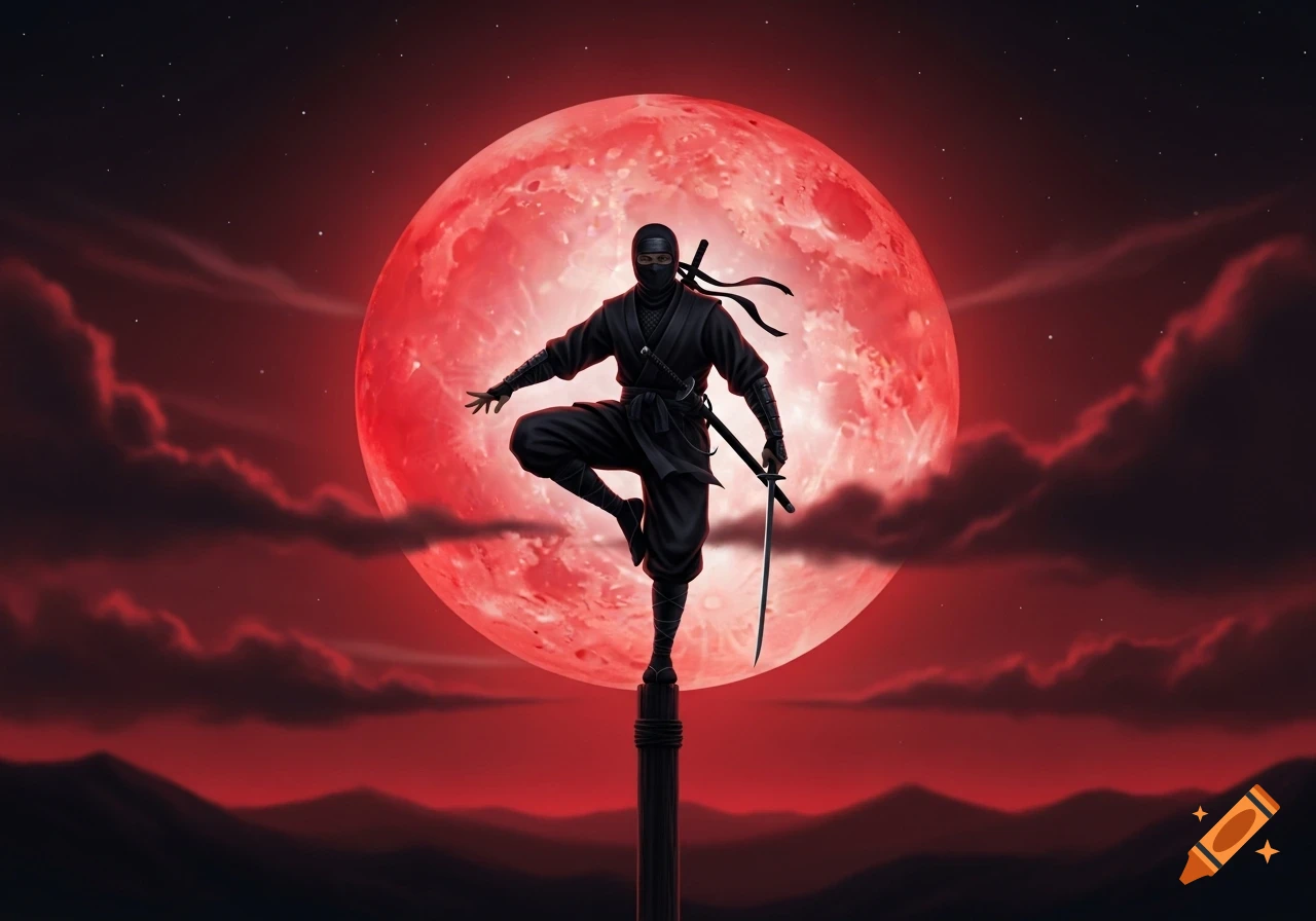 Stylized ninja in black, balancing on a pole with a katana, against a vibrant red blood moon, dark clouds, and mountains.