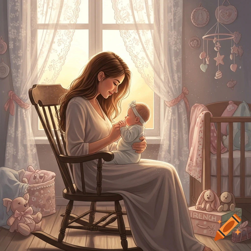 An illustrative image of a smiling mother rocking a baby in a cozy nursery, bathed in warm sunlight from a window.