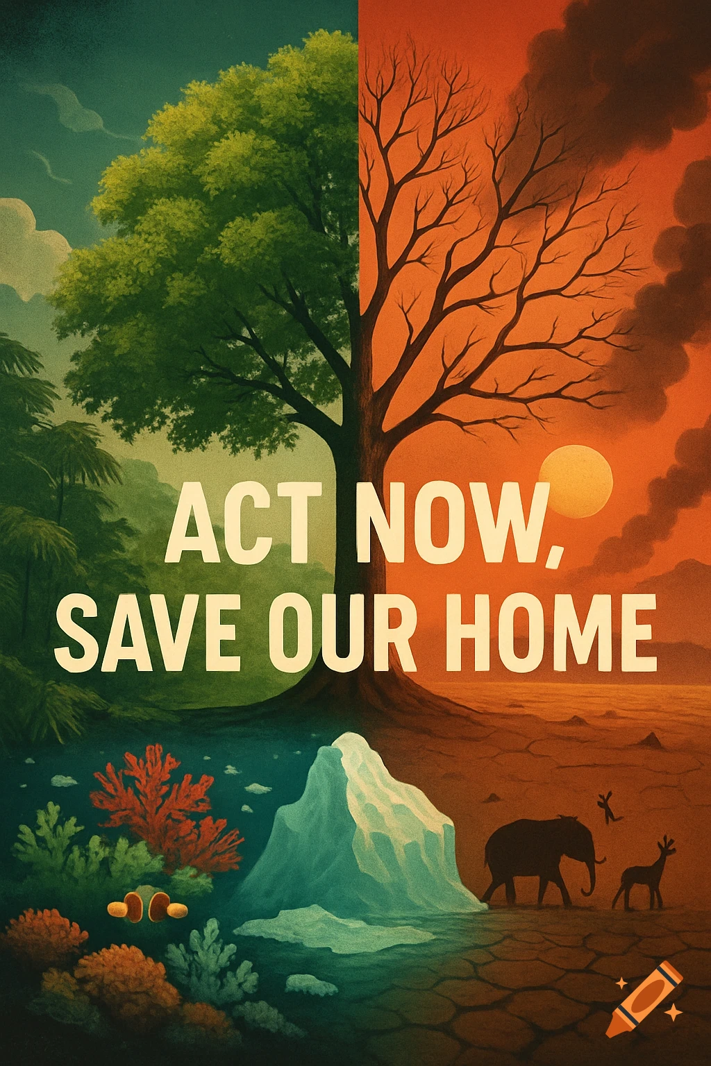 Stylized illustration showing a vibrant green world on one side and a dry, polluted red world on the other, with text 'ACT NOW, SAVE OUR HOME'.