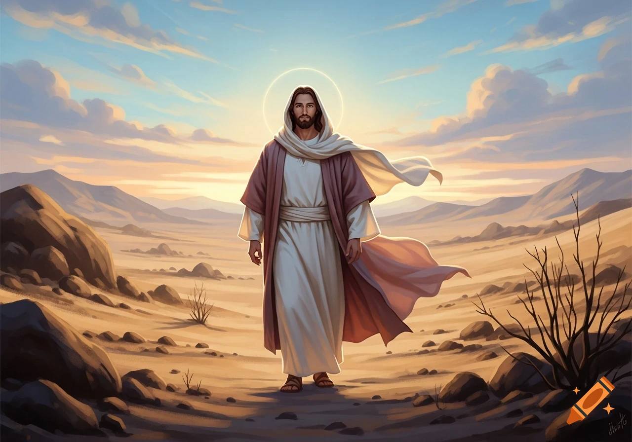 Jesus walks through a vast desert landscape under a warm, cloudy sky, with a radiant halo around his head.
