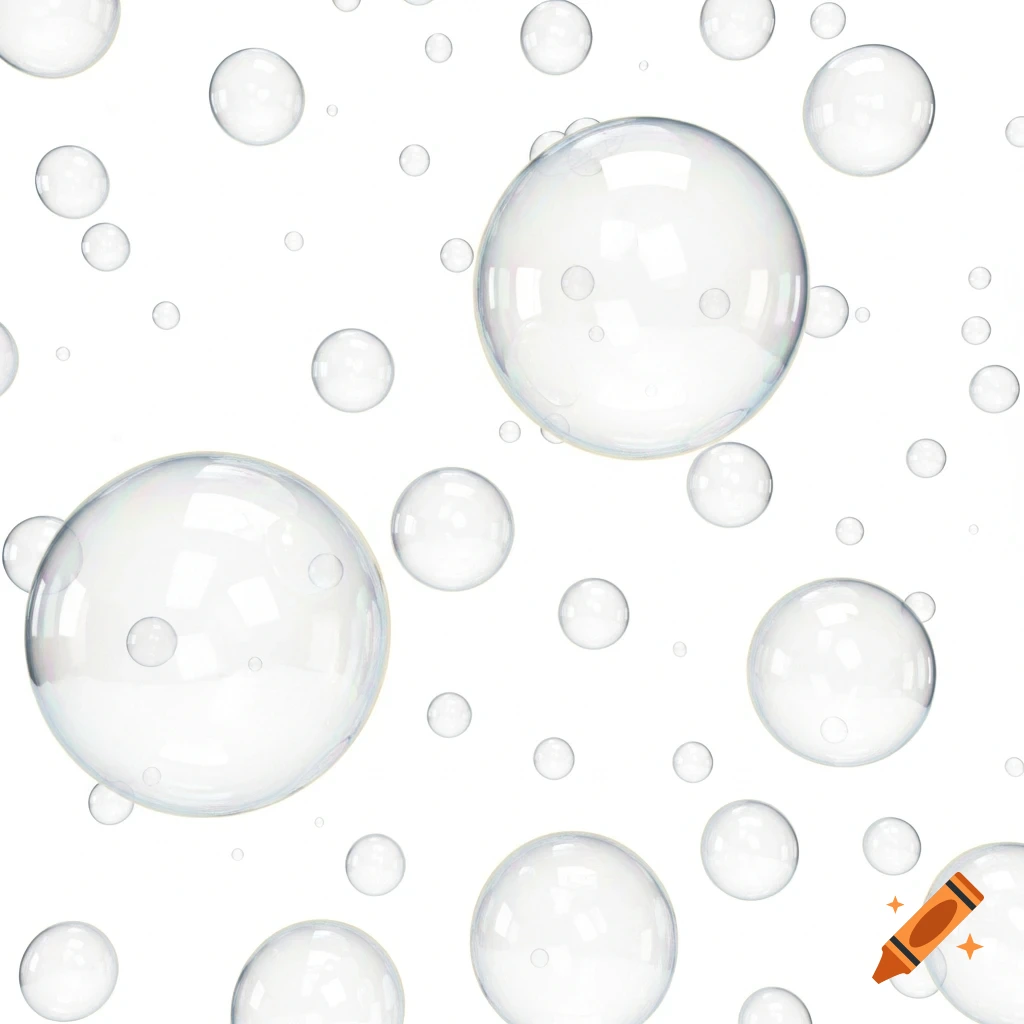 Many clear soap bubbles of various sizes float against a bright white background.