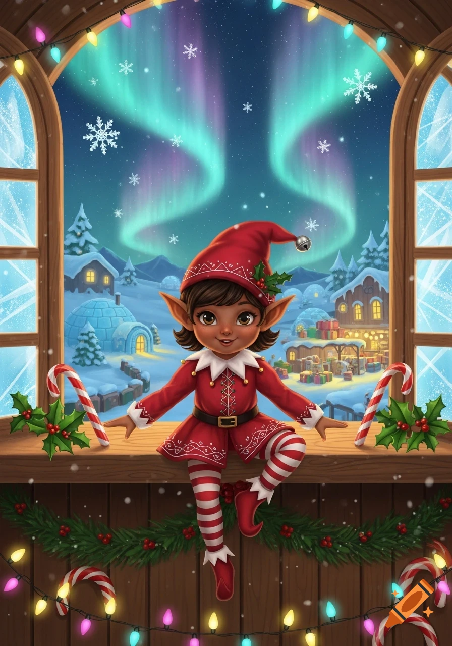 A cute brown girl elf in a red outfit sits on a window sill, looking out at a snowy North Pole village with an aurora.