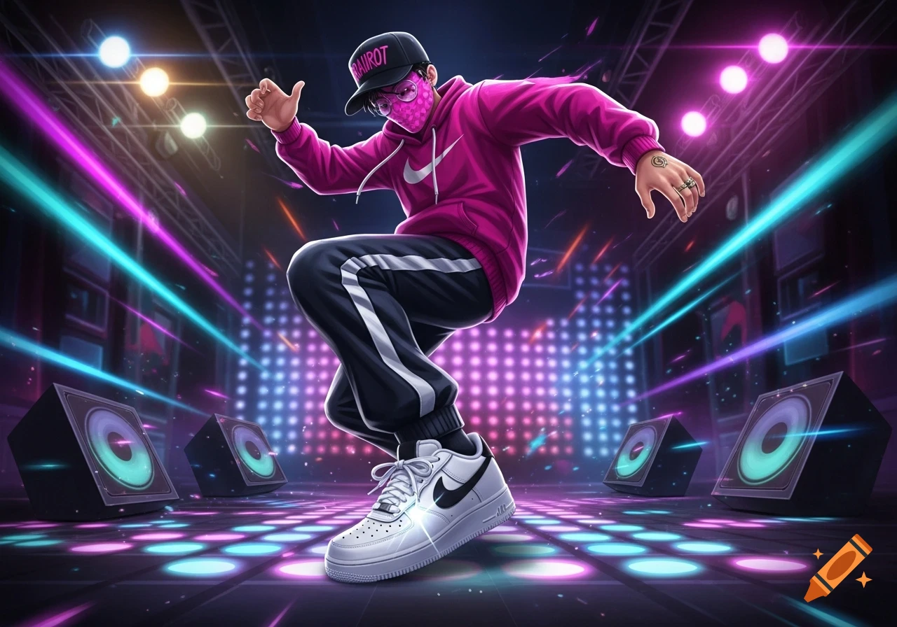 A stylized illustration of a male dancer in a pink hoodie, black track pants, and a baseball cap, mid-pose on a neon-lit stage with speakers.