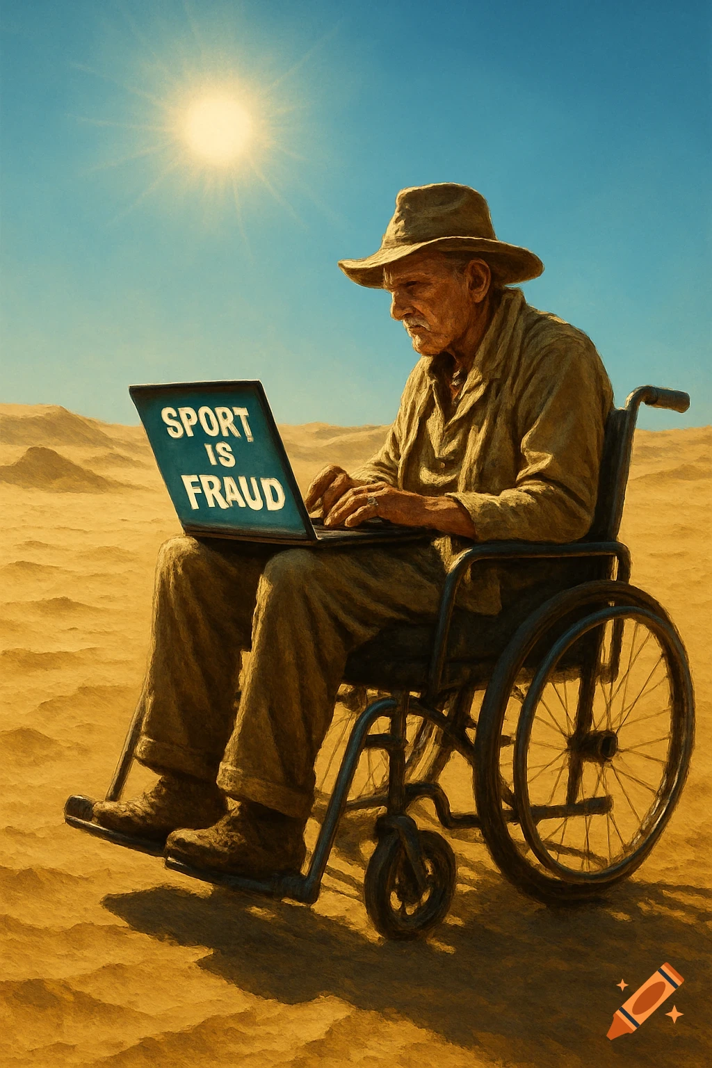 Elderly man in wheelchair types 'SPORT IS FRAUD' on a laptop in a sunny desert, digital art.
