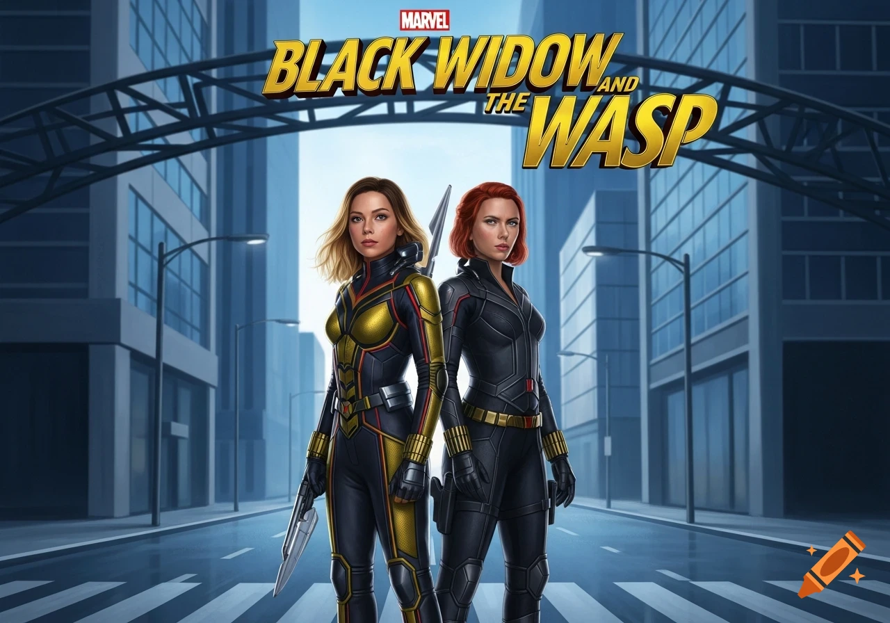 Black Widow and Wasp stand back-to-back in a city street, with 'Black Widow and The Wasp' title above them, comic art style.