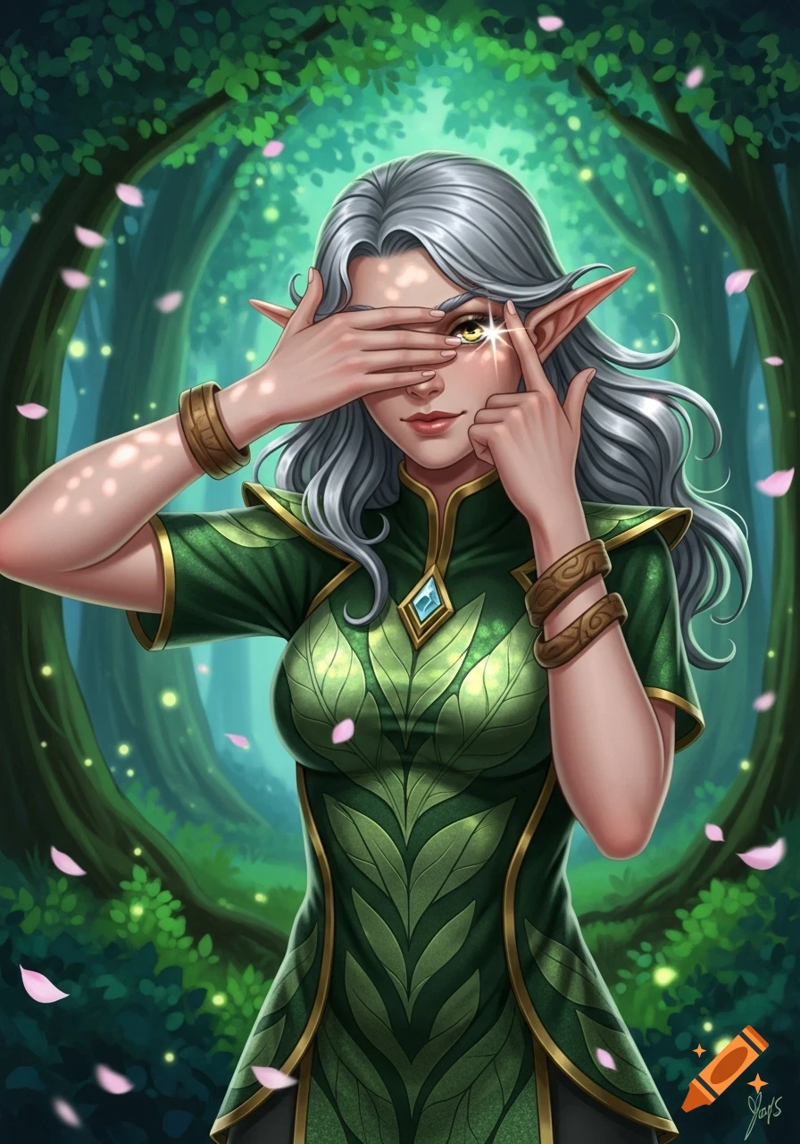 Silver-haired elf woman in a green leaf dress covers eyes, peeking with a sparkling eye in an enchanted forest, digital art.