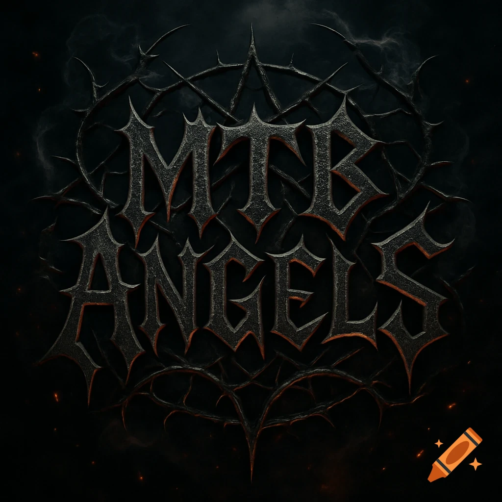 A dark, stylized logo features the words "MTB ANGELS" in a spiky, metallic font, encircled by thorny branches and glowing with a subtle orange-red light against a smoky black background.