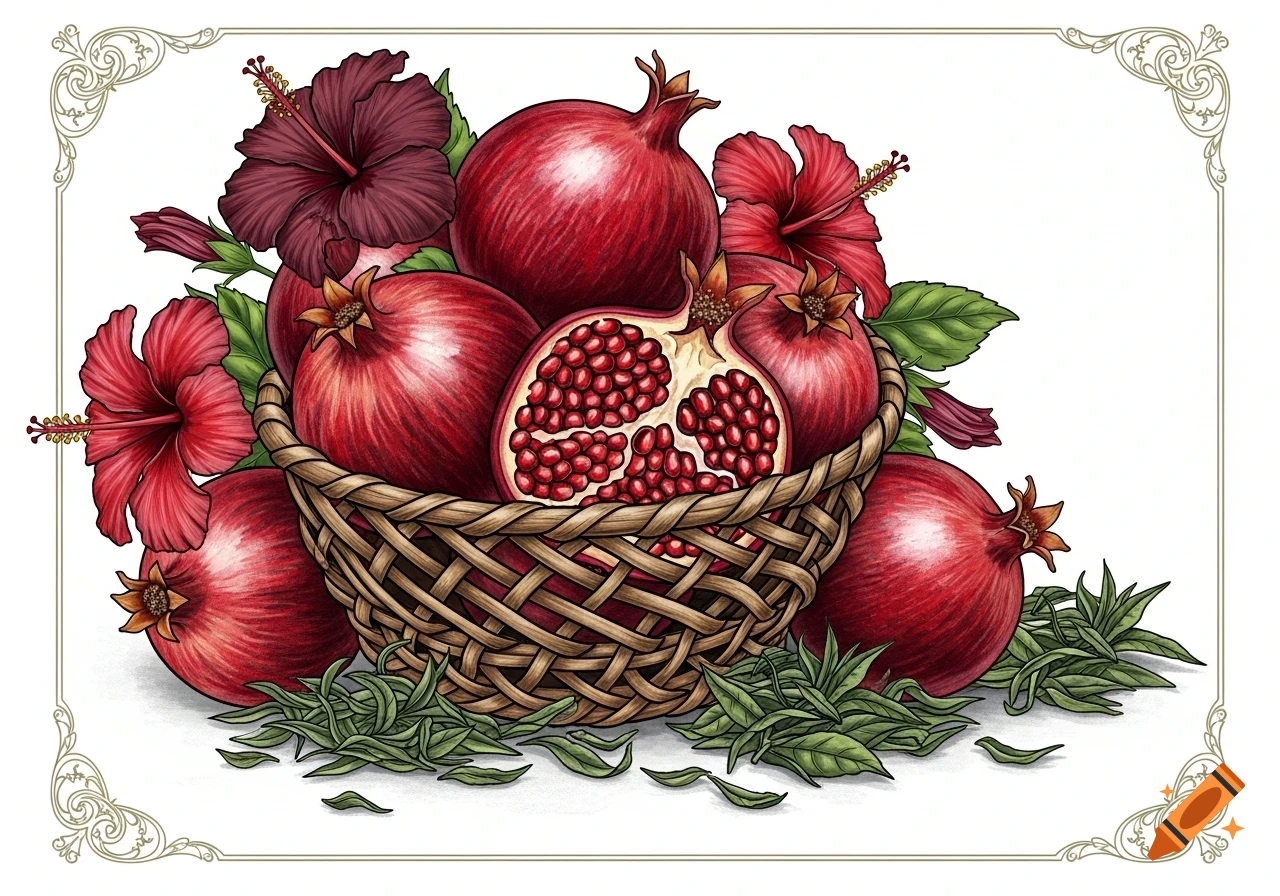 A basket overflowing with red pomegranates and hibiscus flowers, one pomegranate cut open, with green leaves, in a detailed illustrative style.