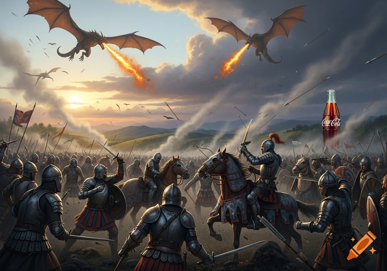 Medieval battle scene with knights and dragons breathing fire, featuring a giant Coca-Cola bottle in the background.