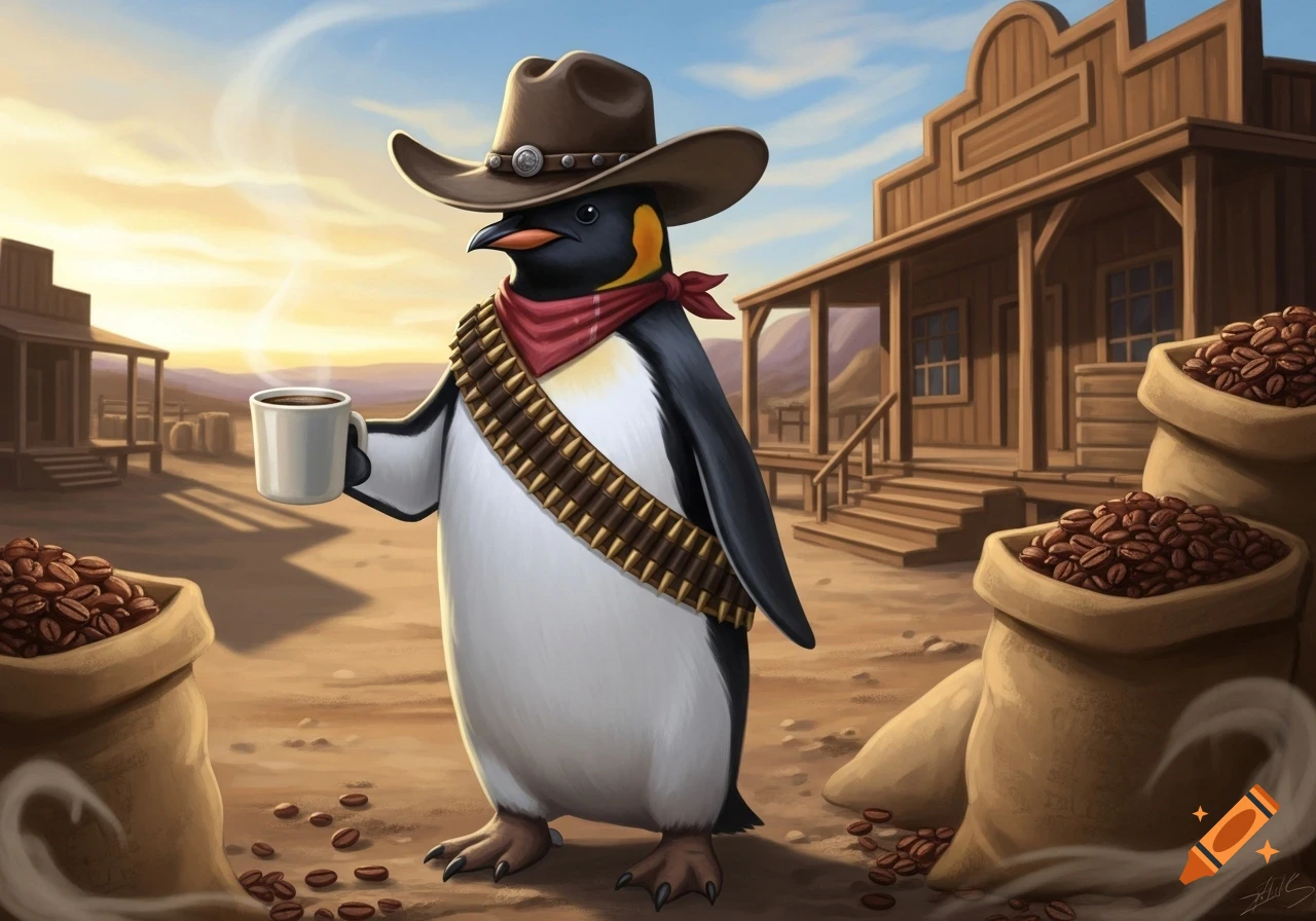 An illustrative image of a cowboy penguin holding a steaming mug of coffee, standing in a dusty Western town surrounded by sacks of coffee beans.