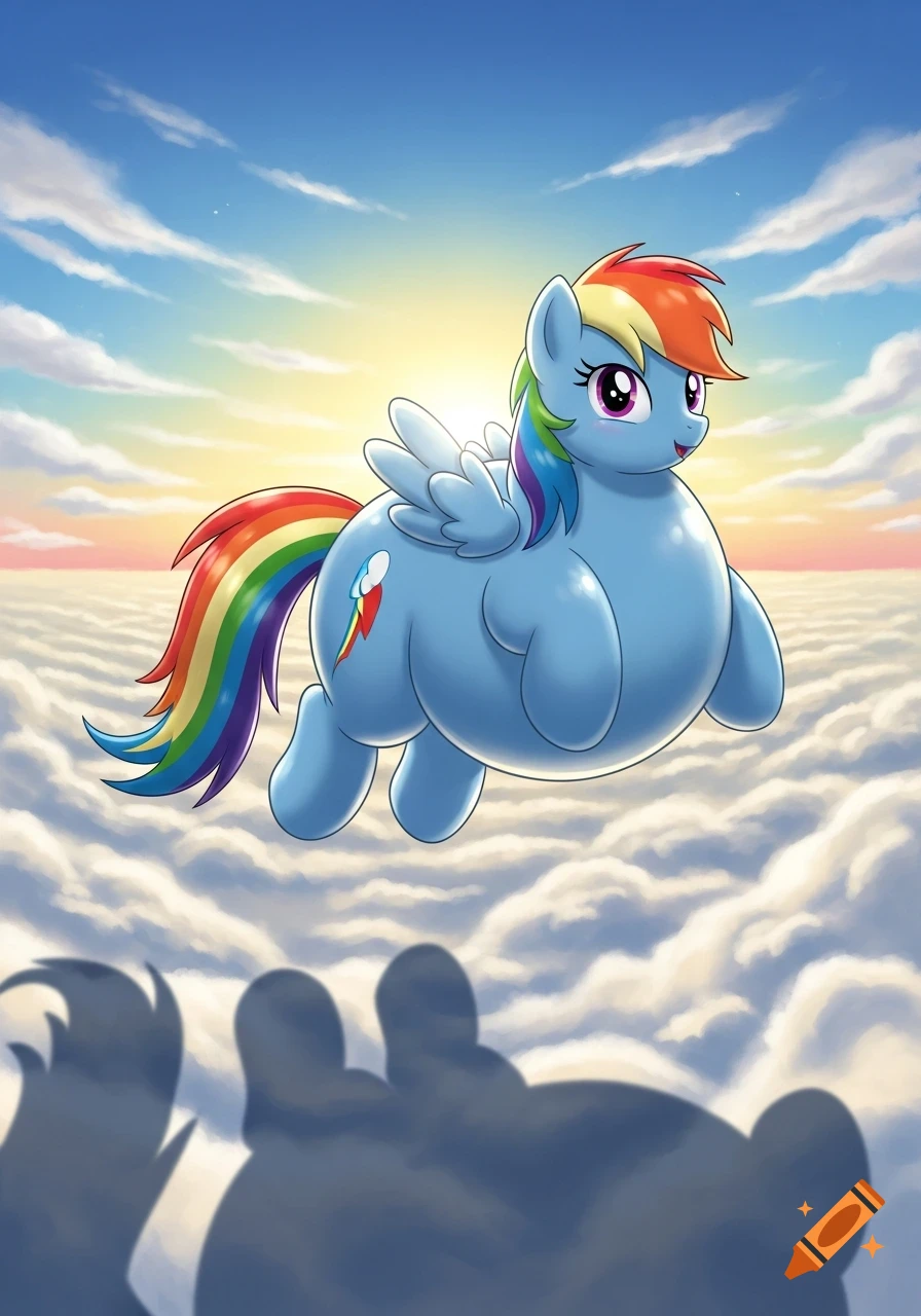 An inflated Rainbow Dash from My Little Pony flies above the clouds in a sunny cartoon sky.