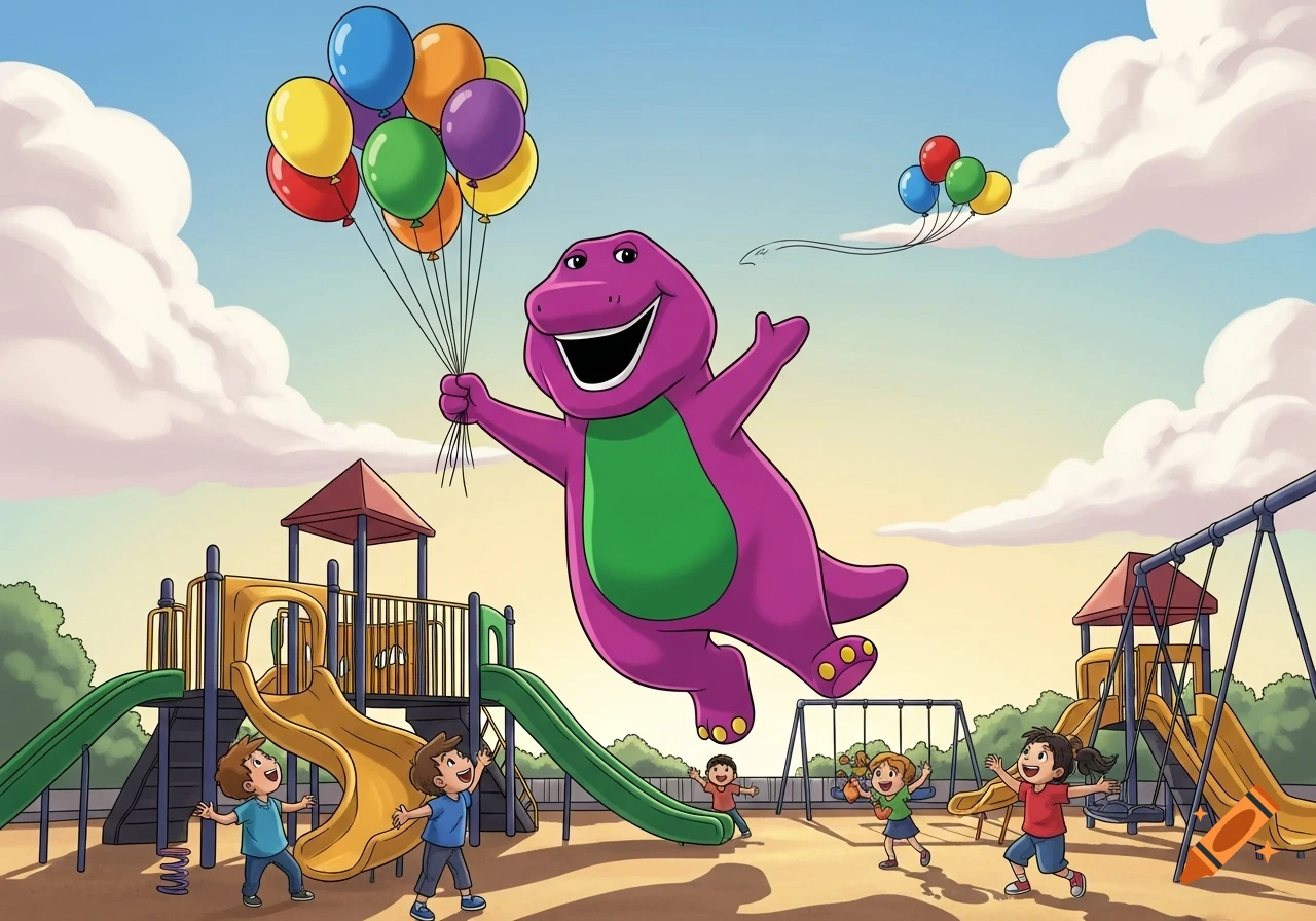 Barney the purple dinosaur flies above a playground, holding colorful balloons, as children play below. Cartoon style.