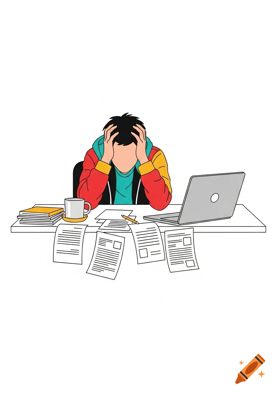 Faceless young adult at a desk, hands on head in frustration, surrounded by papers, laptop, and books. Minimalist vector art.