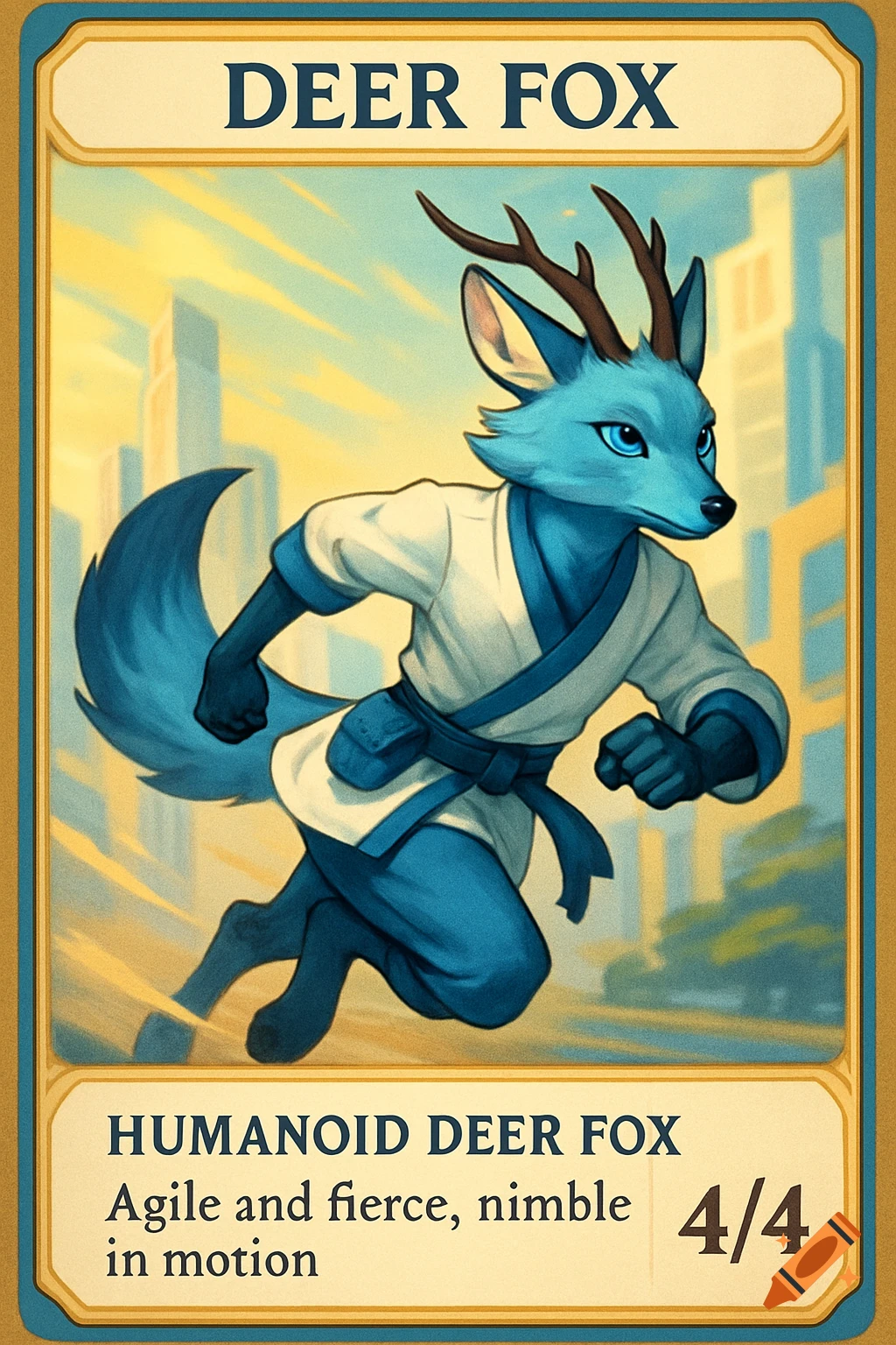 A blue humanoid deer fox in a martial arts uniform runs on a trading card with a blurred cityscape background.