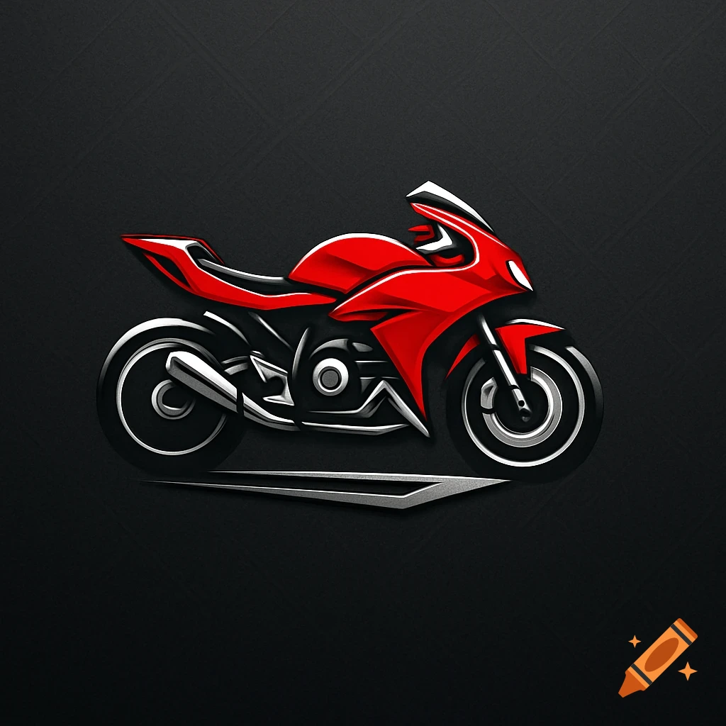 A stylized red motorcycle logo with silver and black details on a dark, textured background.