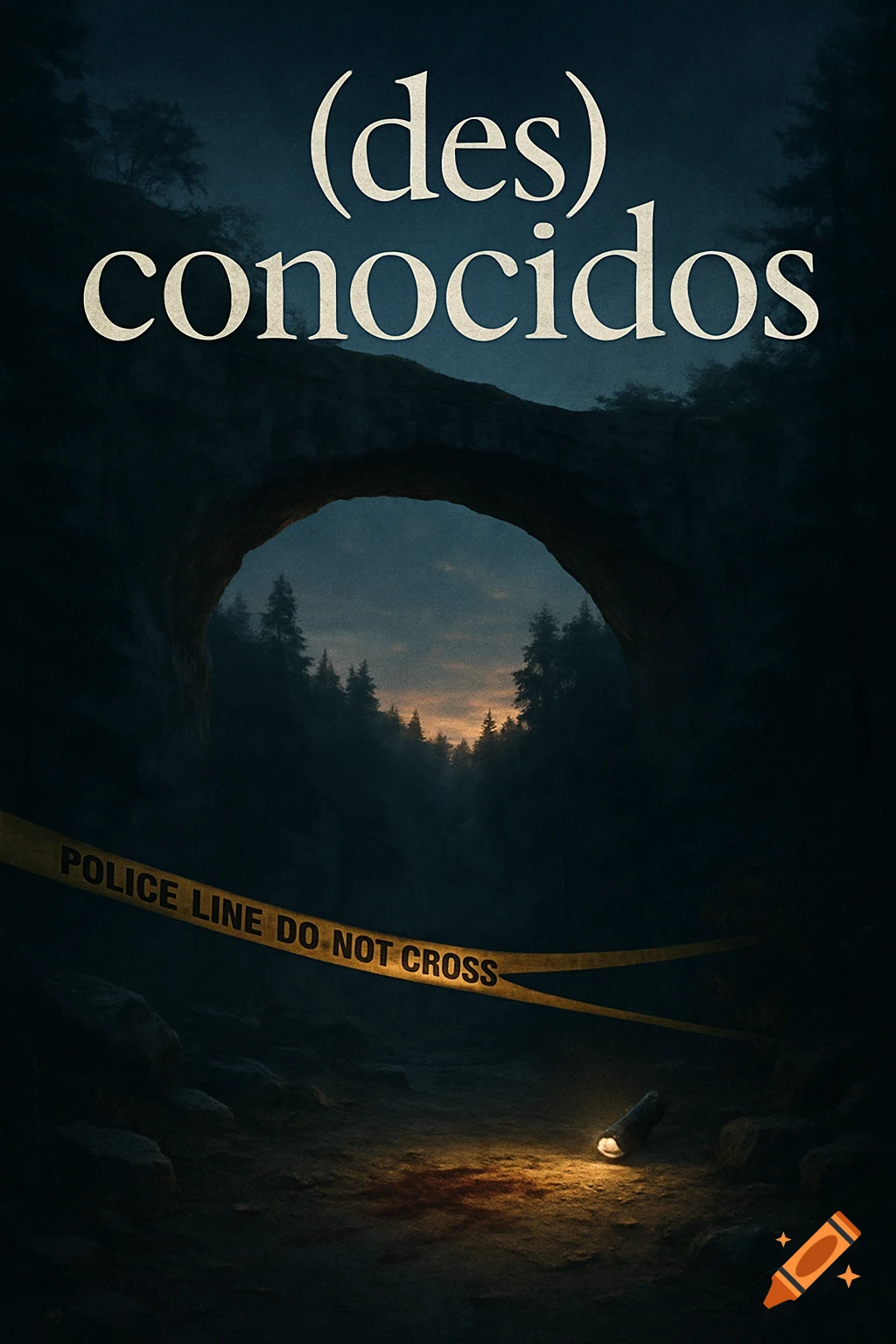 A dark book cover for '(des)conocidos' with a cave, forest, police tape, and a flashlight illuminating faint blood at dusk, evoking a mystery.