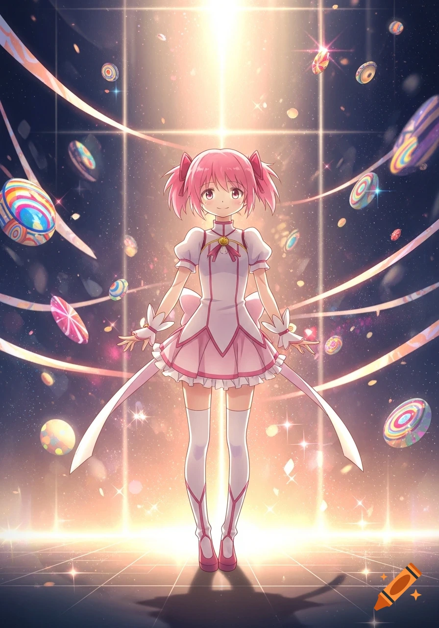 Pink-haired anime girl in a white and pink dress stands in a cosmic-magical realm filled with glowing lights and colorful floating objects.