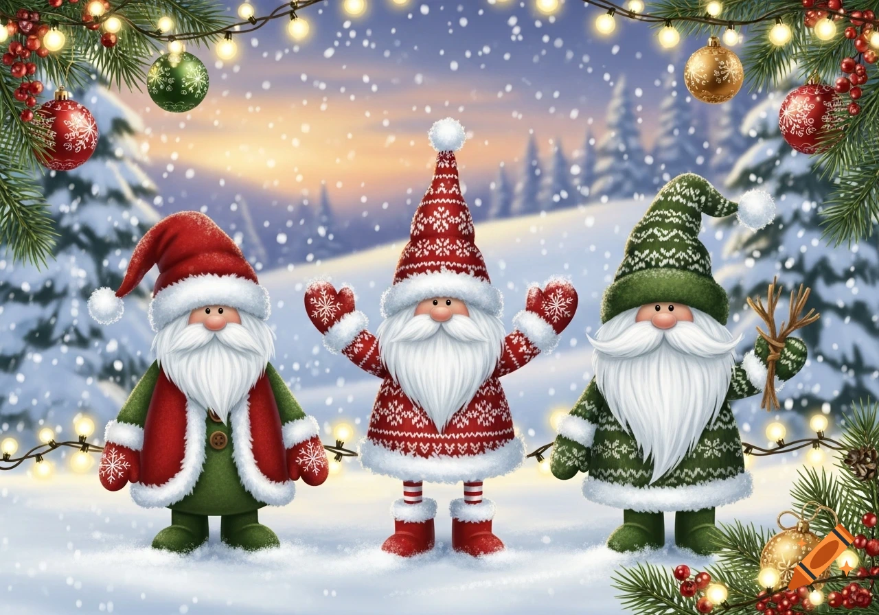 Three festive gnomes in red, green, and white outfits stand in a snowy forest decorated with Christmas lights and ornaments.