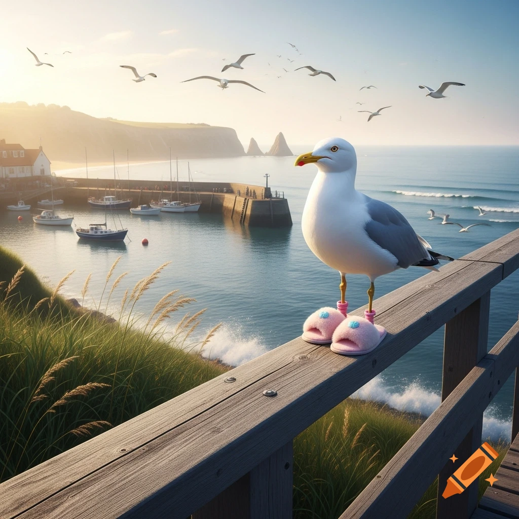 A photorealistic seagull in pink fluffy slippers stands on a wooden railing overlooking a a scenic harbor with boats and cliffs.
