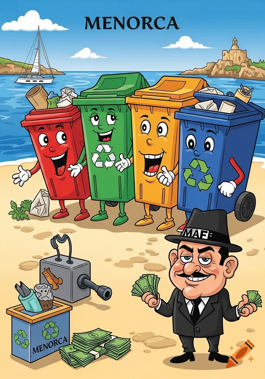 Colorful cartoon image of four anthropomorphic recycling bins and a smiling mafia character on a beach with a sailboat and a castle in the background. The text "MENORCA" appears at the top and on a smaller bin.