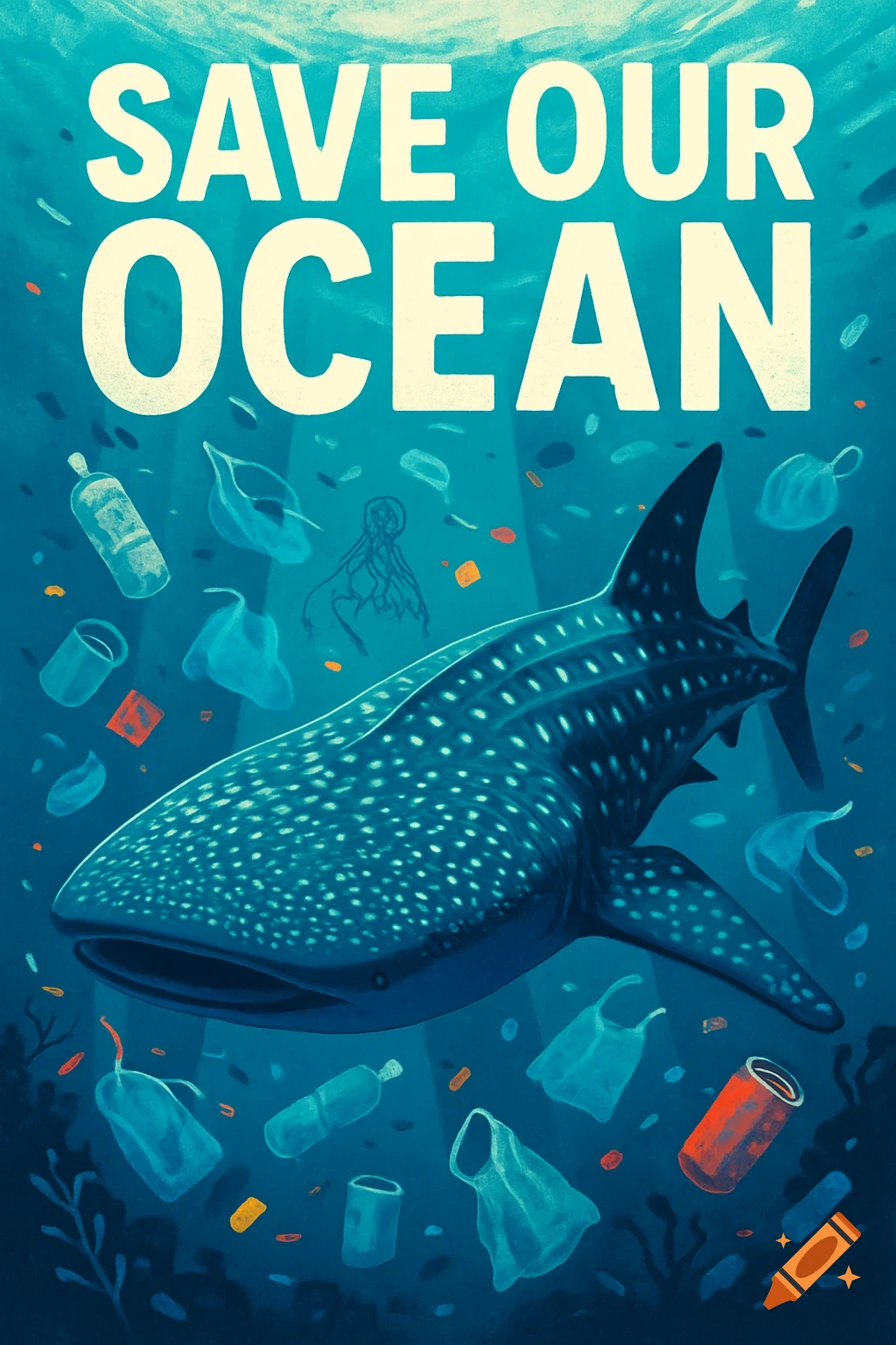 Illustration of a whale shark swimming in a polluted ocean filled with plastic trash, with the text 'SAVE OUR OCEAN'.