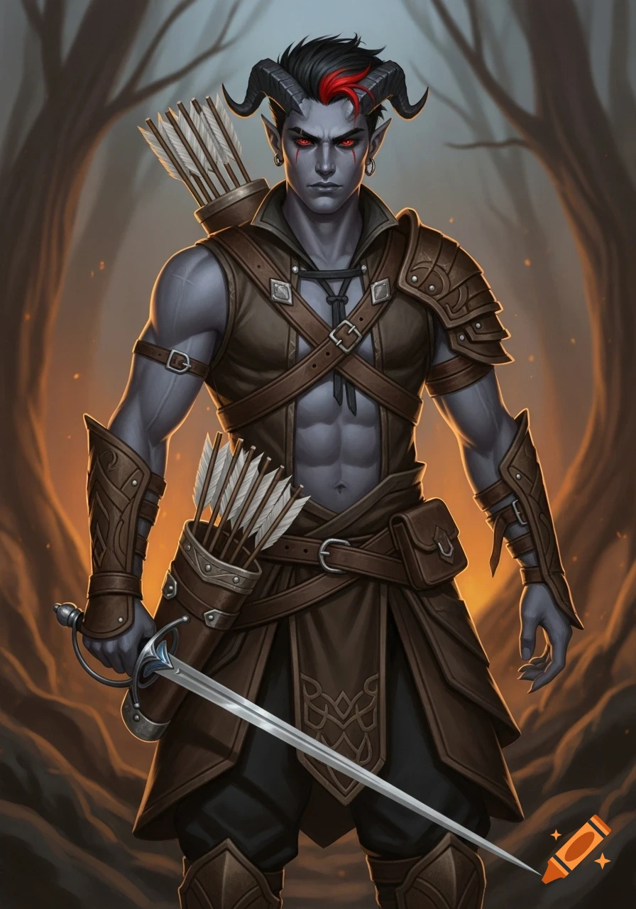 A grey-skinned male tiefling with red eyes and horns, wearing brown leather armor, holding a rapier and a quiver, standing in a shadowy fantasy forest.