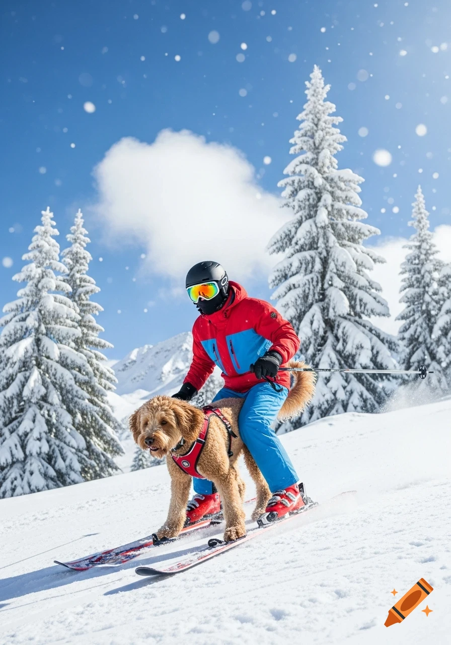 A person in ski gear skis down a snowy mountain with a labradoodle dog on skis harnessed next to them.