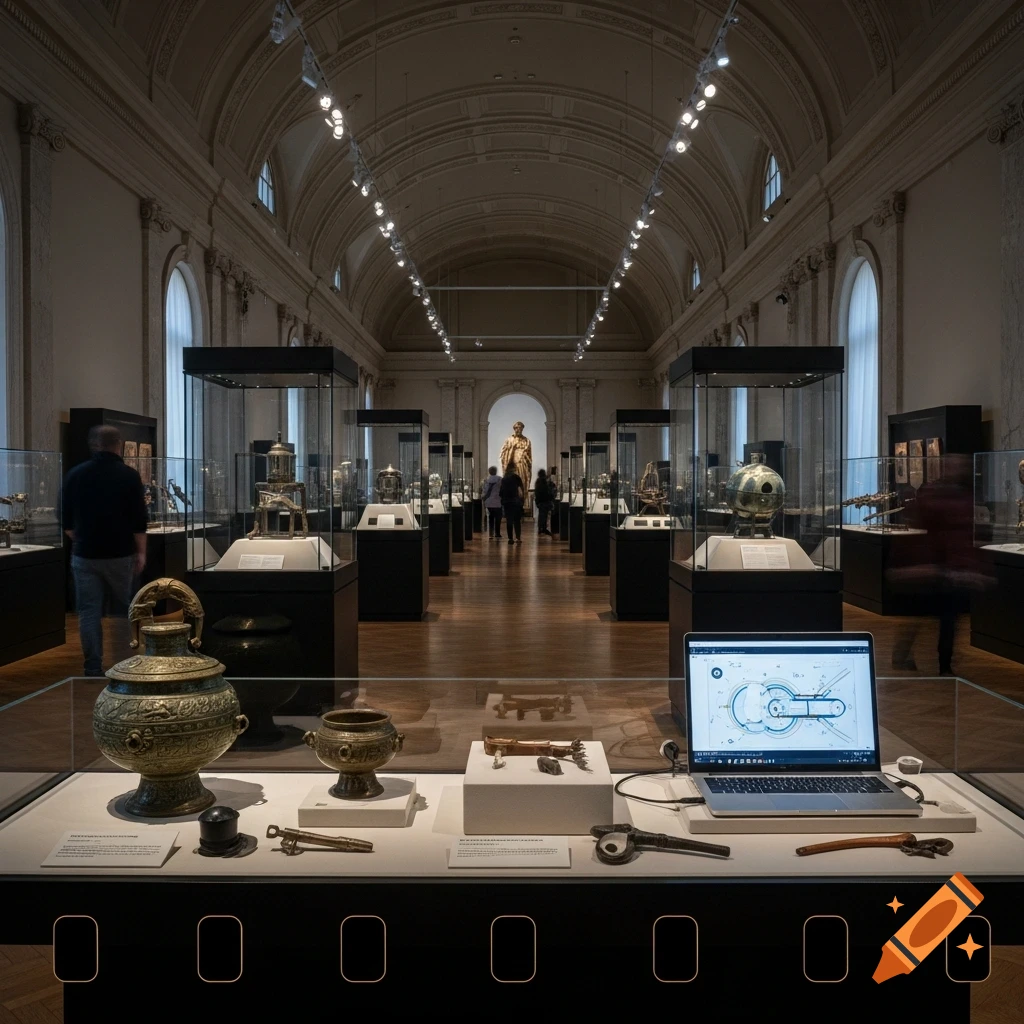 An ornate museum hall showcases ancient artifacts in glass cases, with a laptop displaying a technical diagram on a foreground display table.