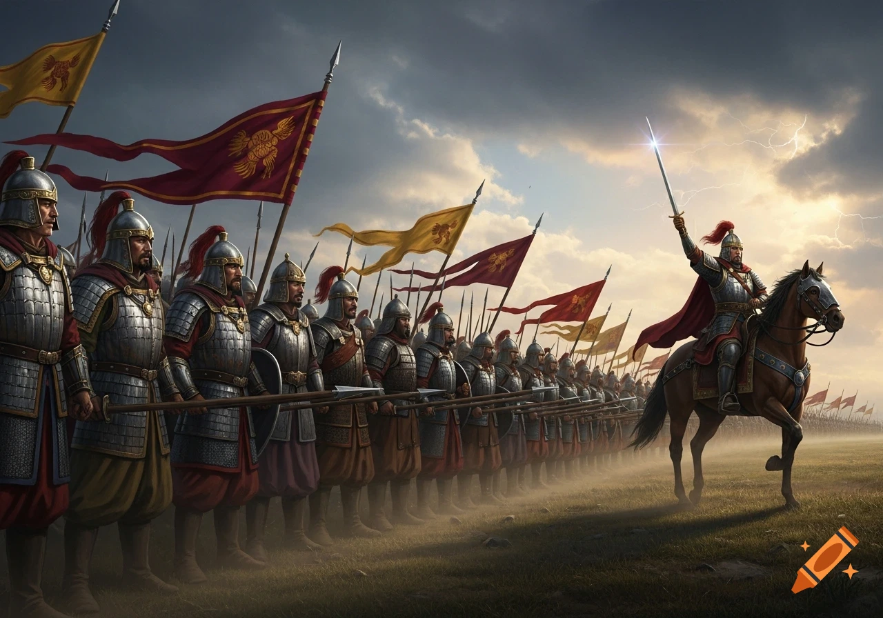 An armored army with flags stands on a grassy field, led by a general on horseback raising a sword under a dramatic, lightning-filled sky.