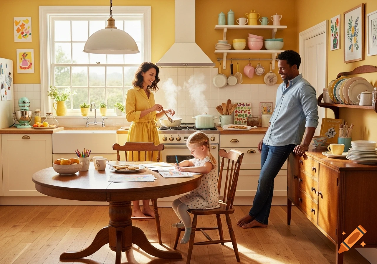 A cheerful family in a sunlit yellow kitchen: mother cooks, father smiles, and daughter draws at a wooden table.