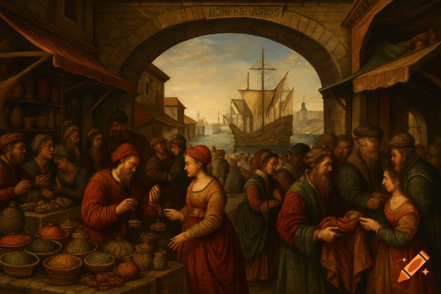 A Renaissance painting of a busy port marketplace with people, goods, and ships under a stone archway.