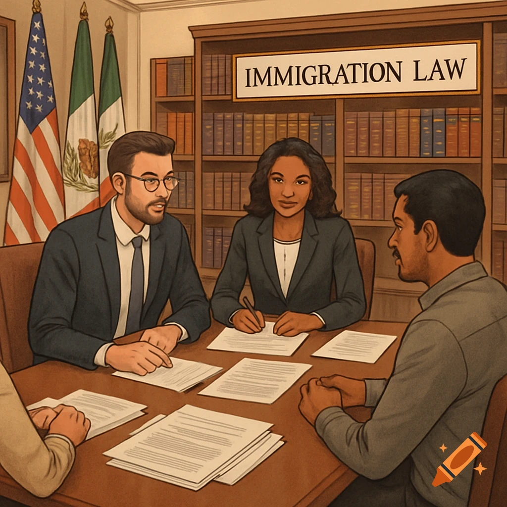 Digital illustration of lawyers and clients discussing documents in an immigration law office with flags and bookshelves.