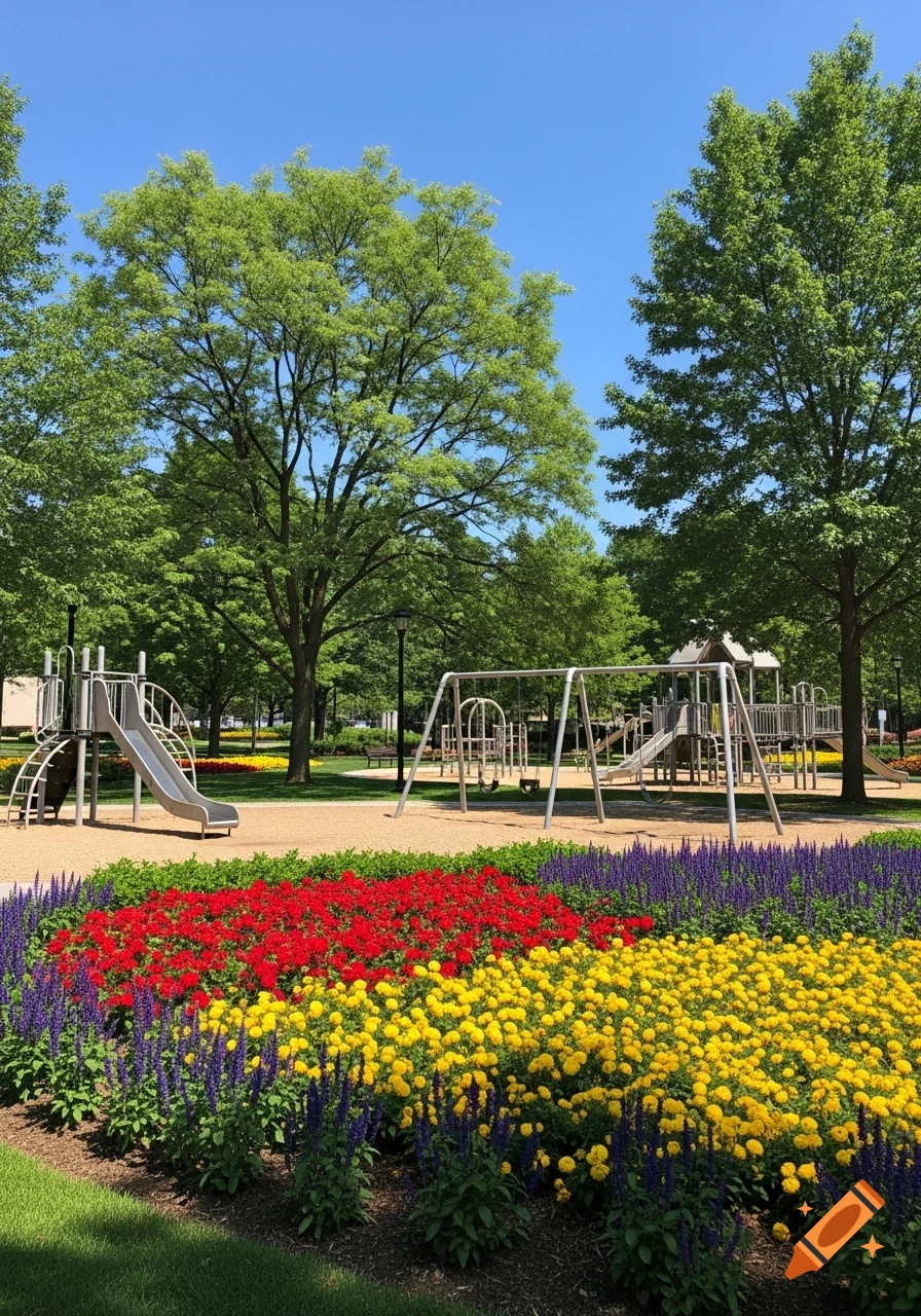 A sunny urban park featuring a children's playground with slides and swings, surrounded by lush green trees and colorful flower beds of red, yellow, and purple blooms.