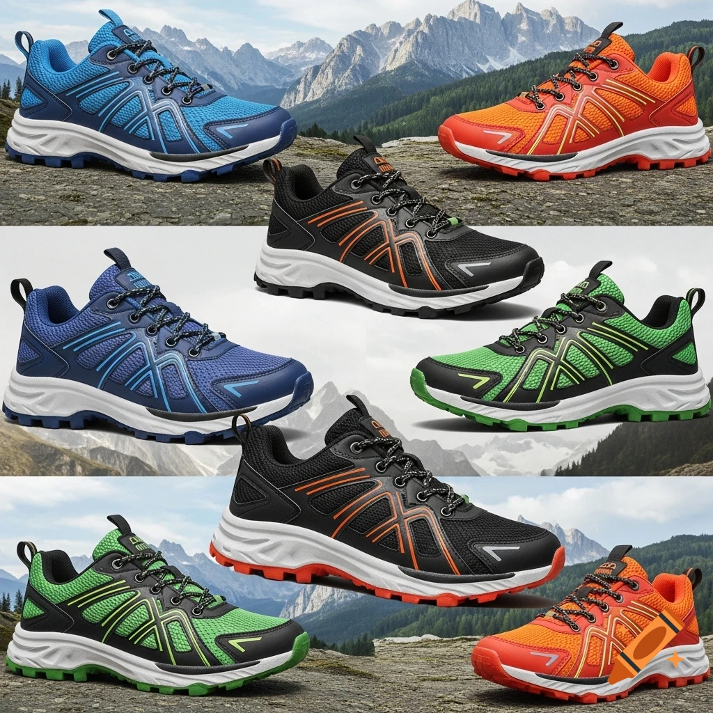 Multiple colorful hiking sneakers in blue, black, green, and orange on a rocky mountain path.
