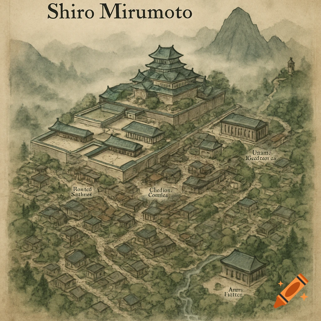A detailed top-down ink-and-watercolor map of a Japanese mountain fortress-city, Shiro Mirumoto, with a large castle, surrounding village, and misty mountains.